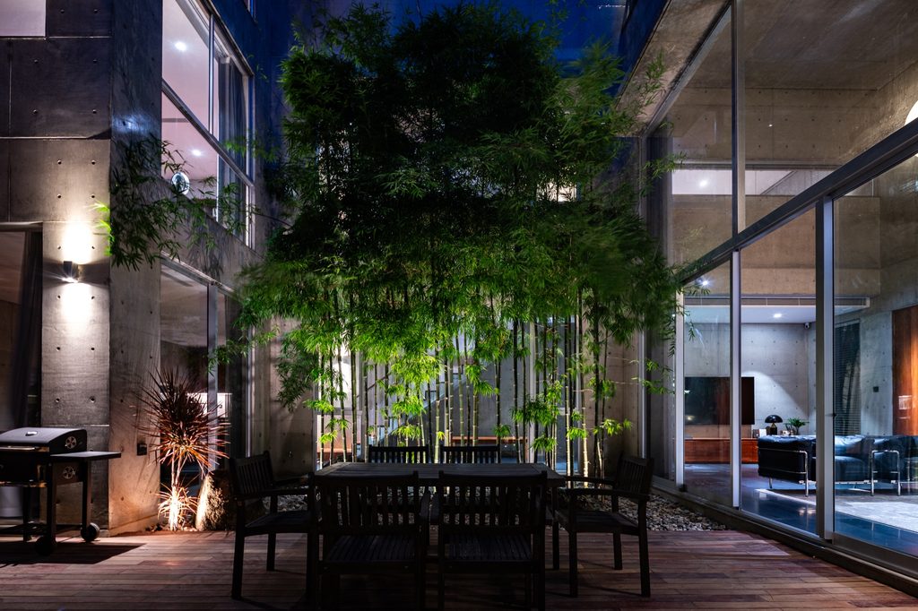 Courtyard lit at night