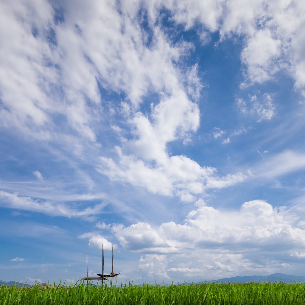 Poles and boats beneath a wide cloudy sky