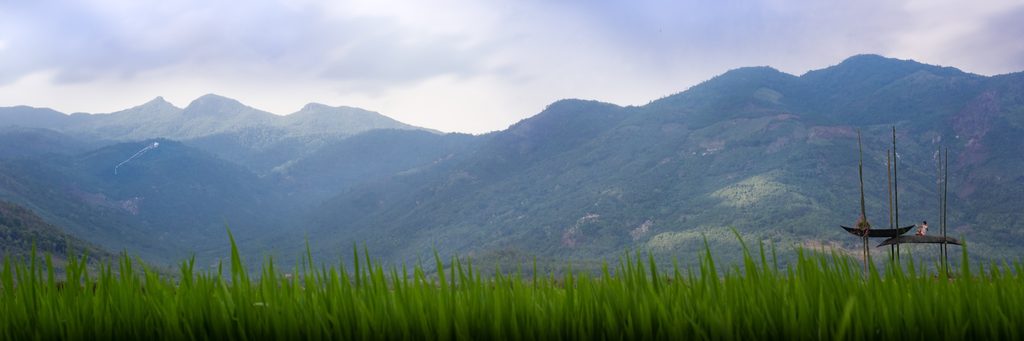 The hut at the edge of the field with mountains behind