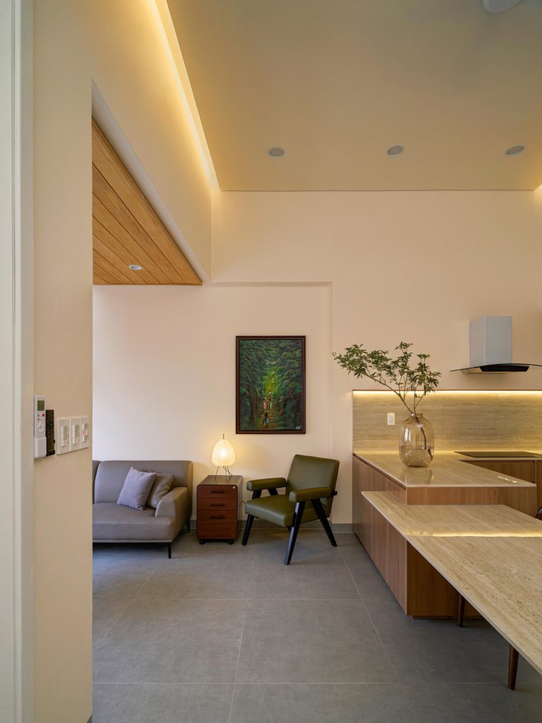 Kitchen counter and dining space in warm light