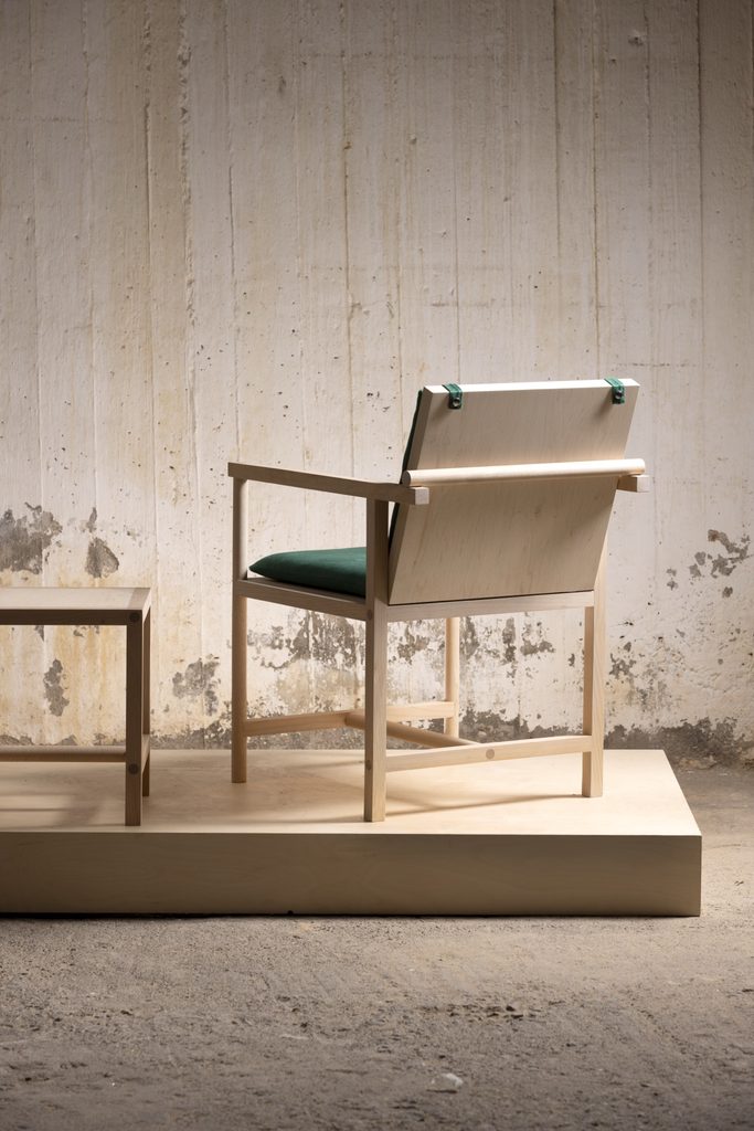 Rear view of the maple Parrot Chair and angled back panel.