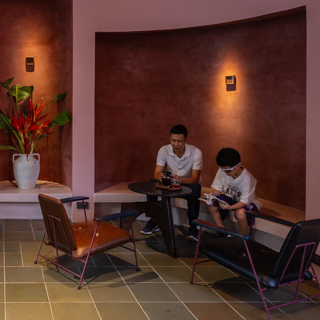 Cafe interior with built-in bench seating
