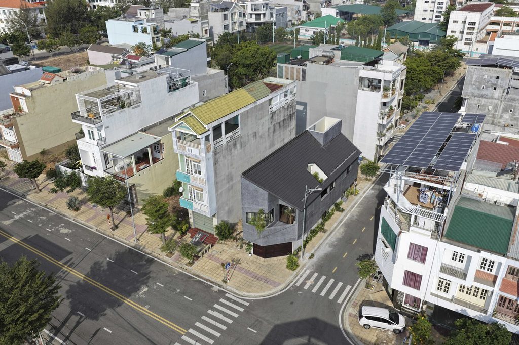 Aerial view of the house on its corner site