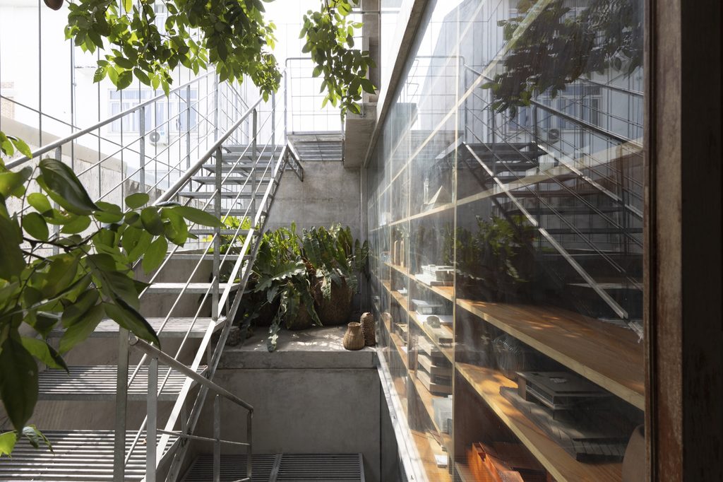 Steel stair rising through the greenery