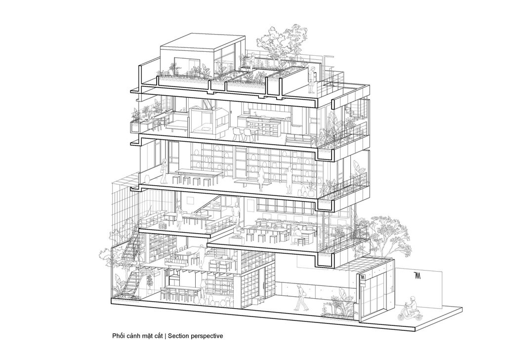 Axonometric of the building and its programs
