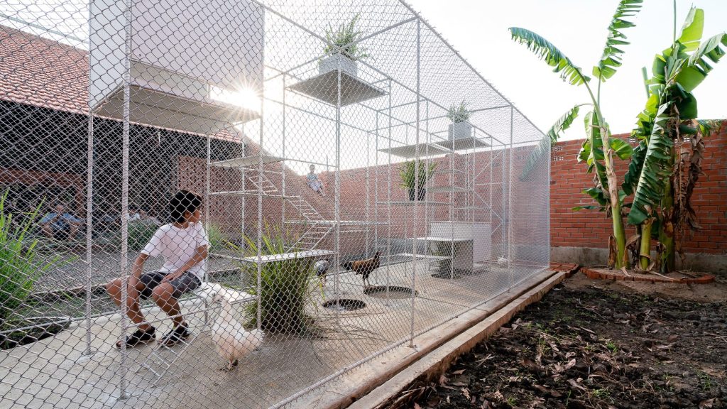 A child inside the enclosure near a banana plant