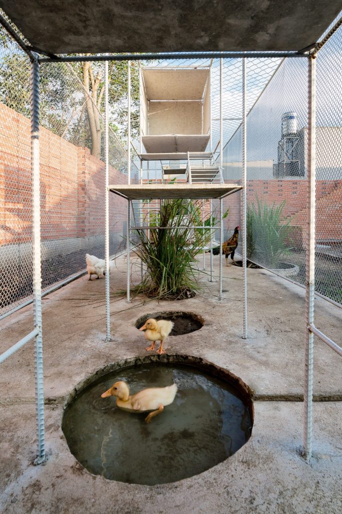 Round pool sunk into the floor beneath the boxes