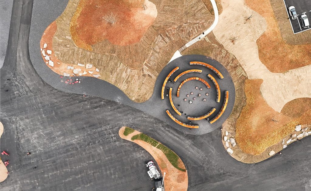Aerial view across the museum’s circular paths