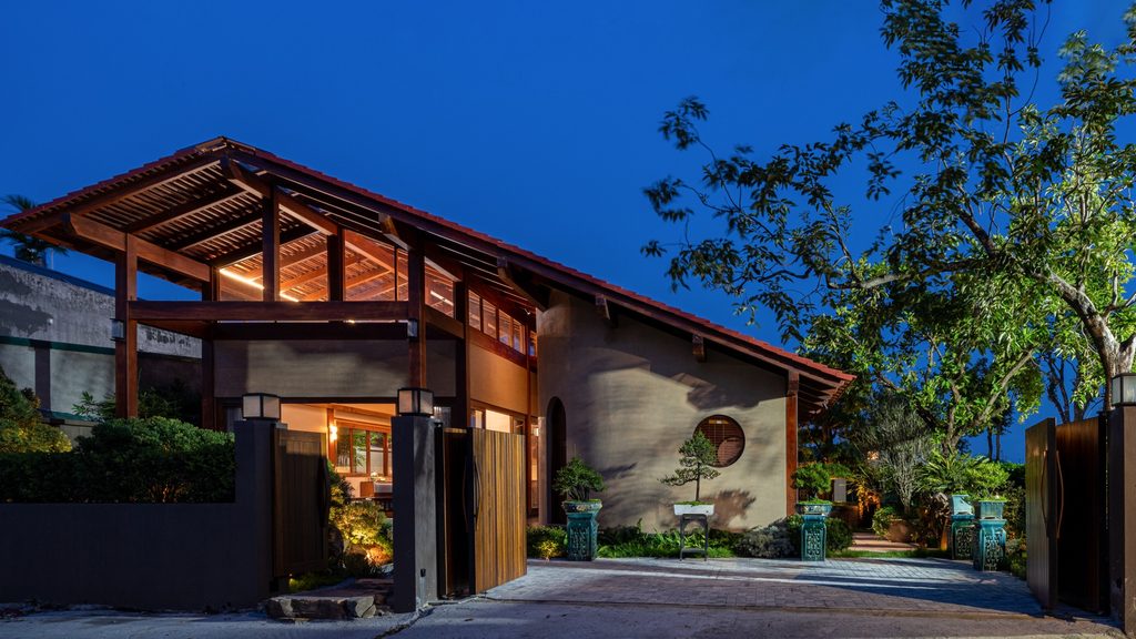 U House entrance and courtyard at dusk