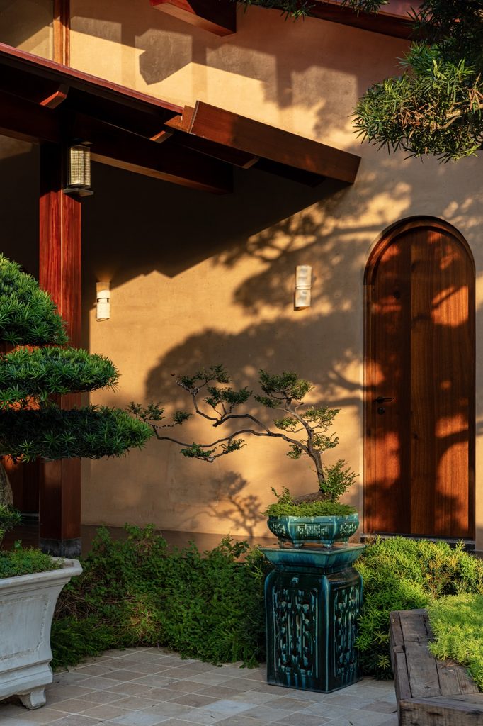 Arched doorway beside a courtyard tree