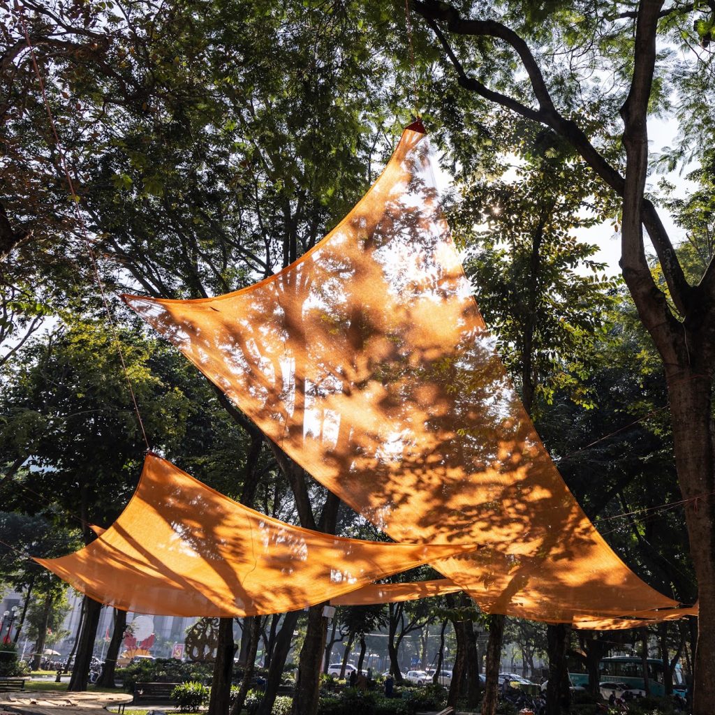 Fabric strips twisting overhead