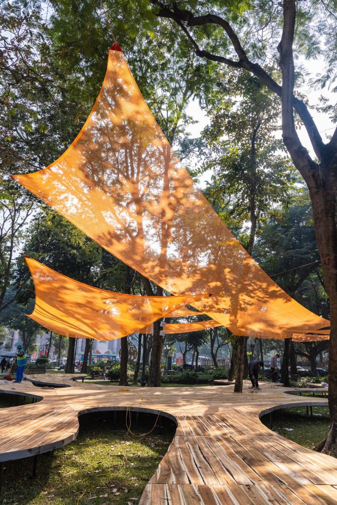 Two canopies at different heights over the path