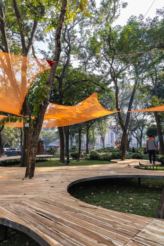 Deck and canopies among the park trees
