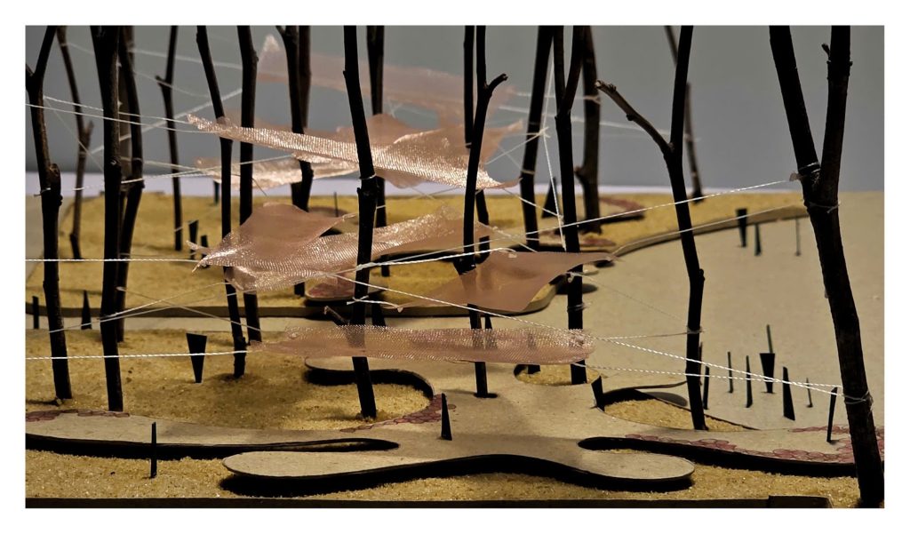 Study model with twigs and fabric strips