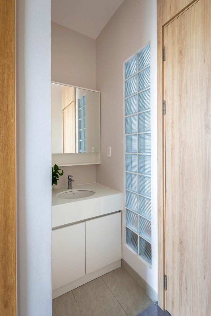 Bathroom vanity beside a glass-block partition