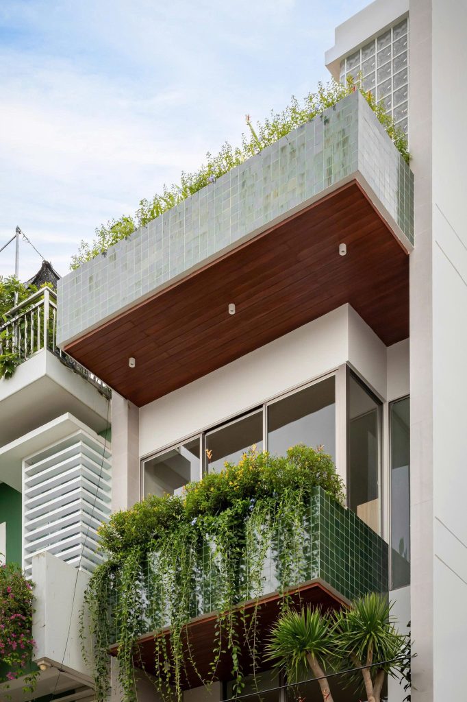 Balcony with trailing foliage and green tile cladding