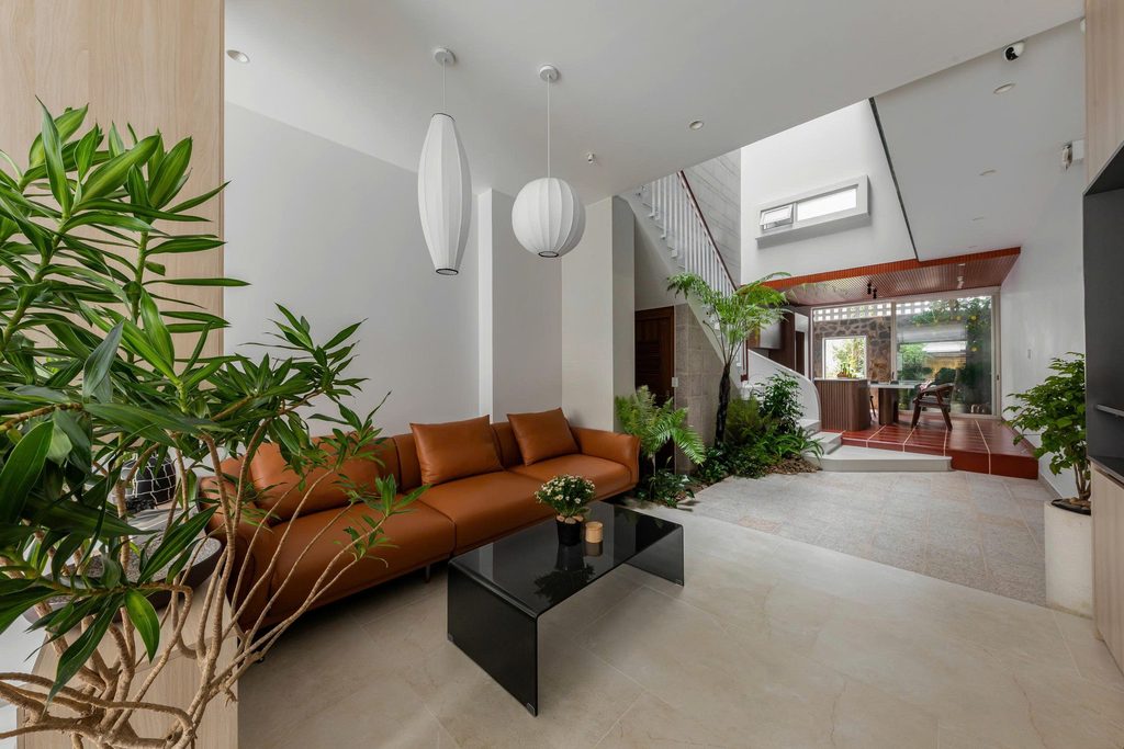 View from the living room towards the courtyard and kitchen