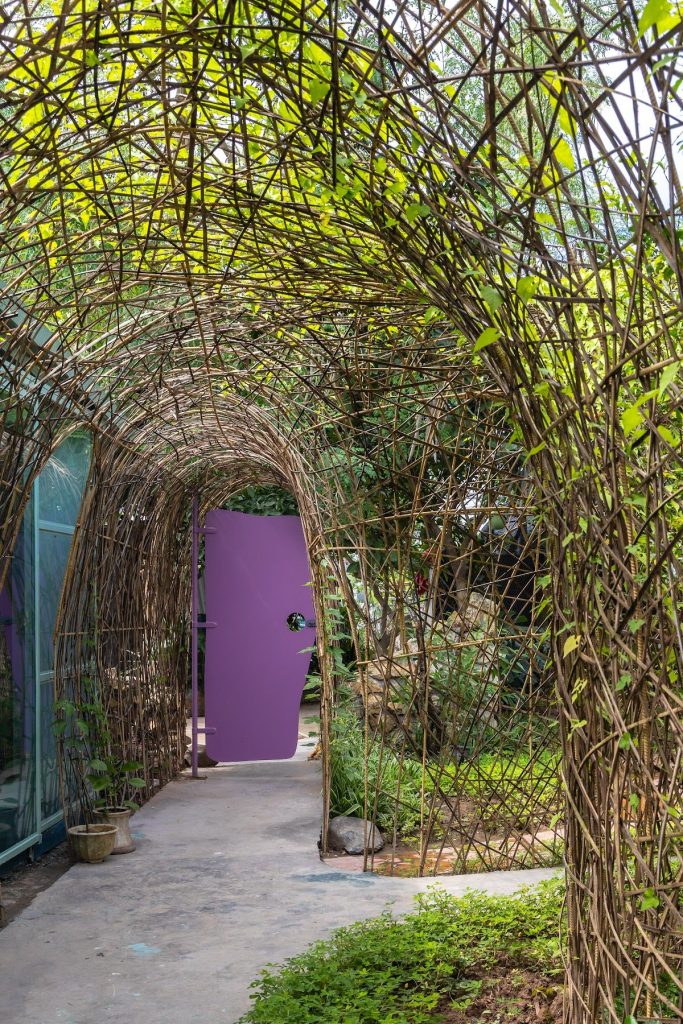 Woven arch over the path to the violet door