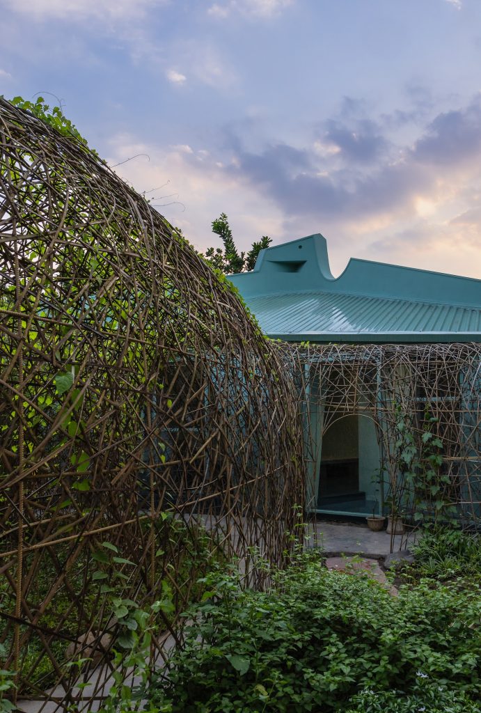The nest and green roof under an evening sky