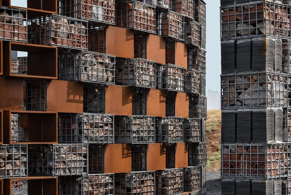 Close view of brick-filled gabion facade