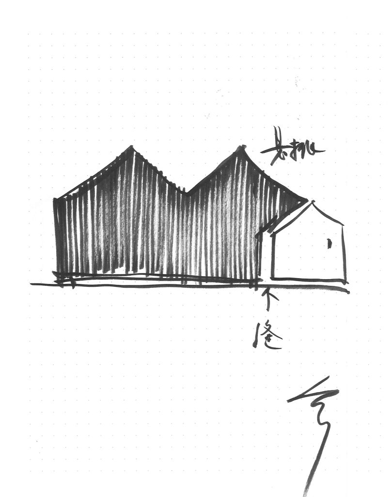 Concept sketch of the dark gables beside the old house