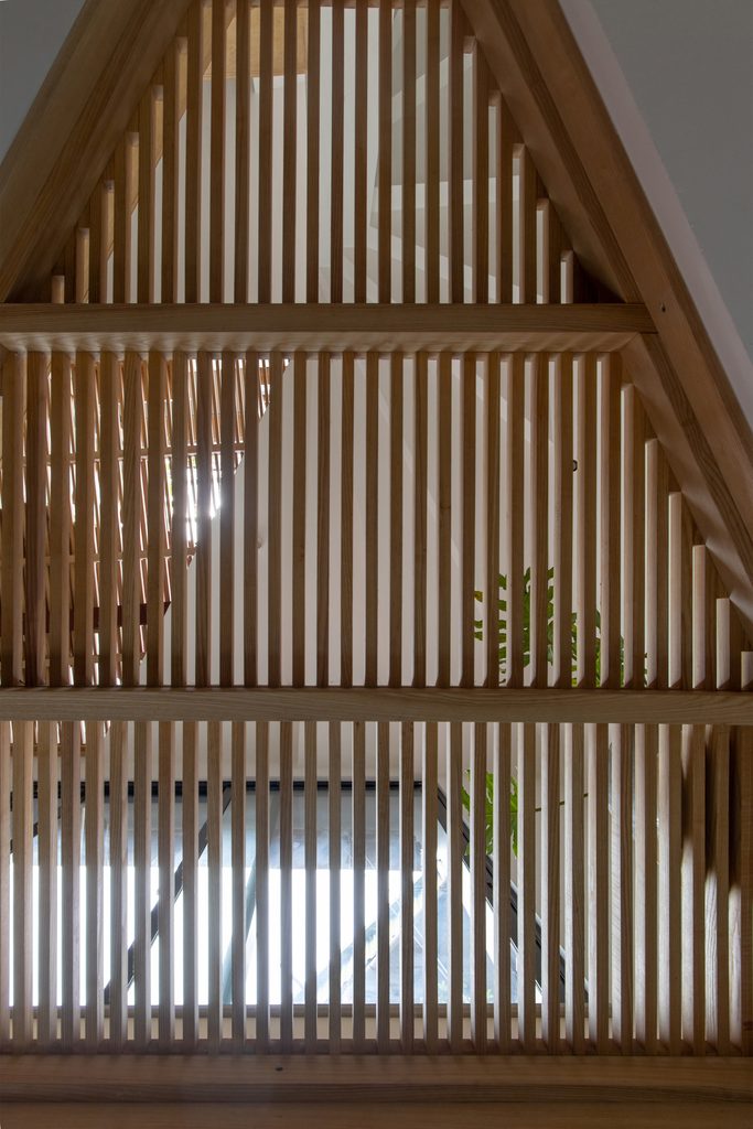 Slatted timber flooring viewed from below