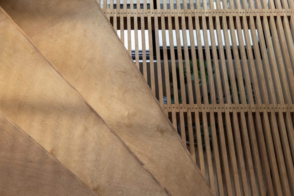 Overhead view of timber steps and open slats