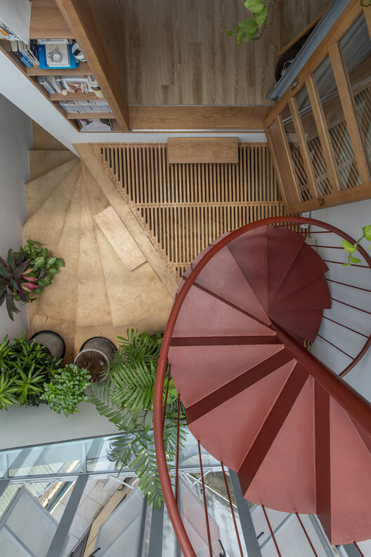 Overhead view of the red spiral staircase