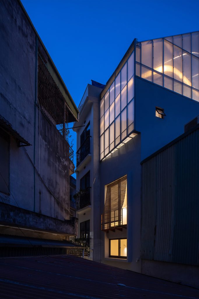 Illuminated upper facade at night