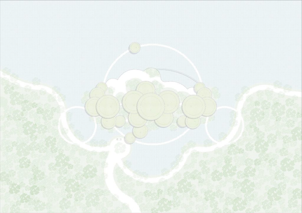 Master plan with the clubhouse on its island in the lake, ringed by paths and forest