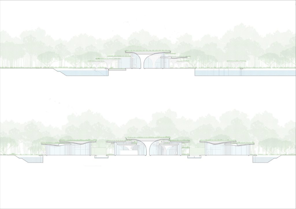 Sections through the pavilions and the surrounding water