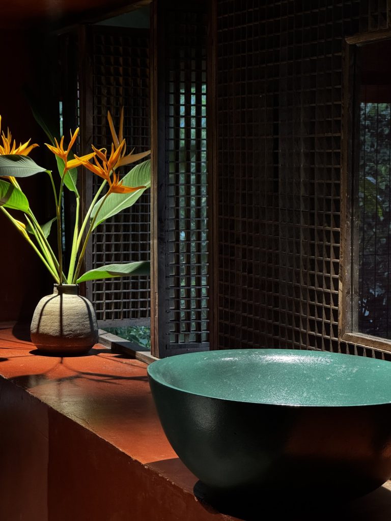 Stone tub and bird of paradise flowers