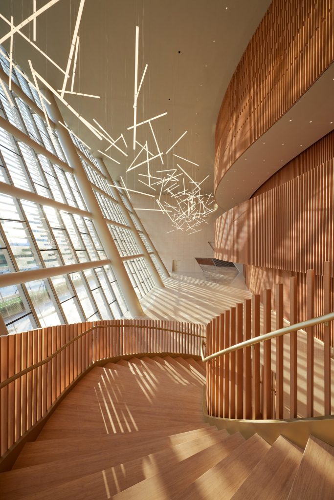 Curving bamboo balconies in the foyer