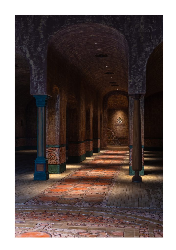 Arches and pools of light down the central gallery