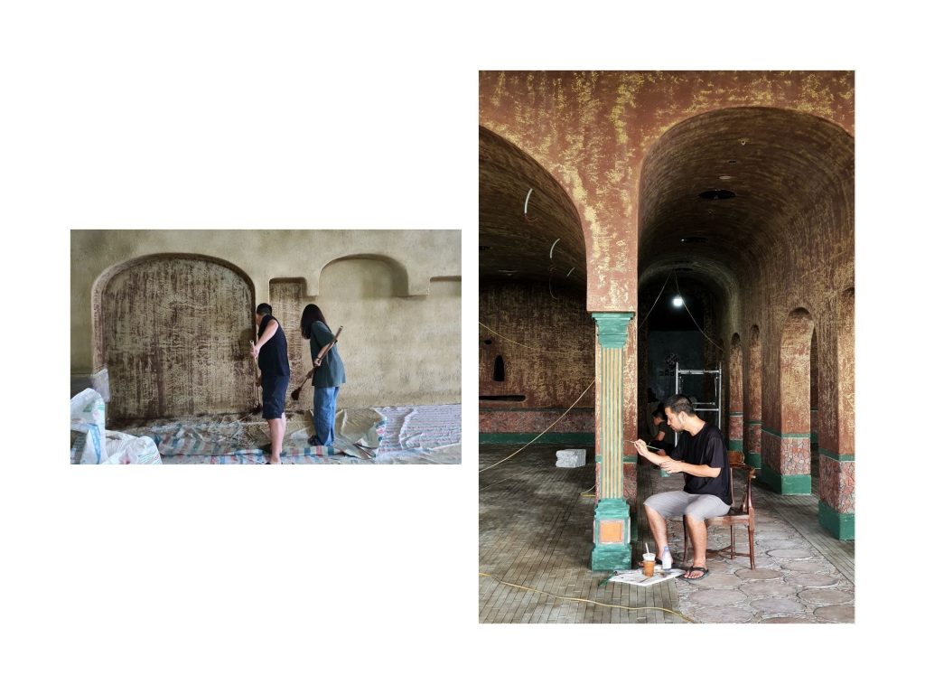 The team on site among the arches