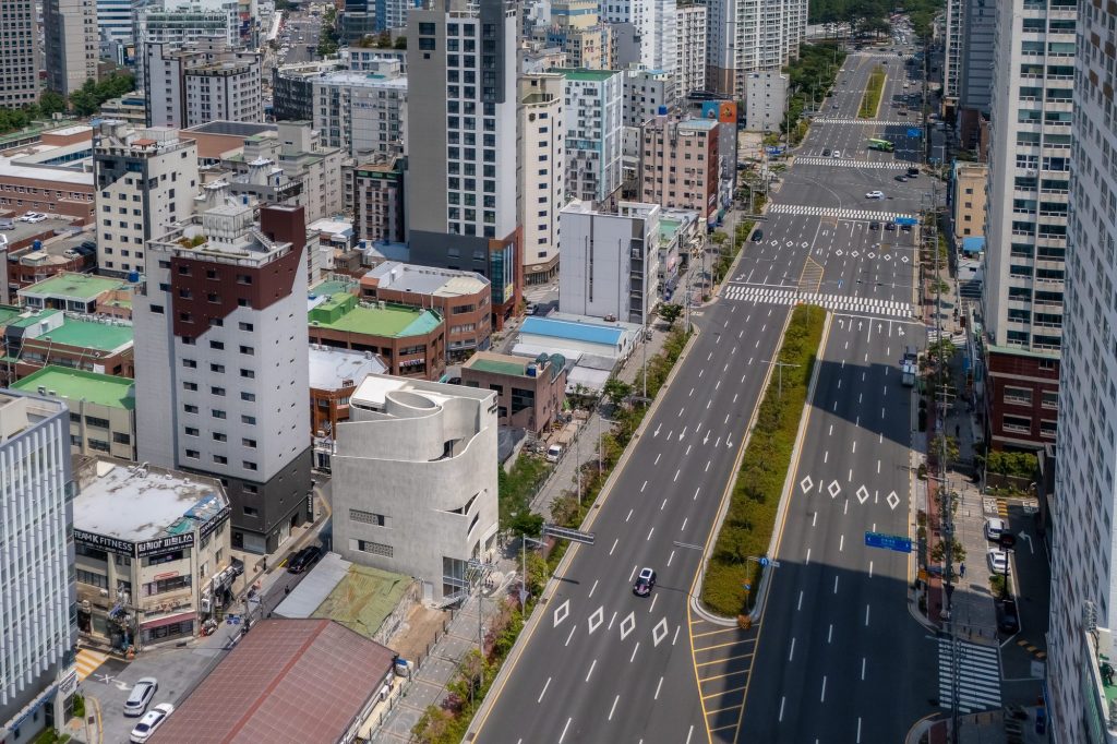 Urban Egg within the surrounding Busan streetscape
