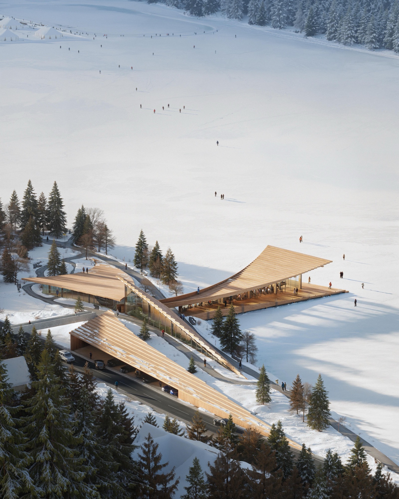 Timber pavilion concept Lacum Respira on Lake St. Moritz