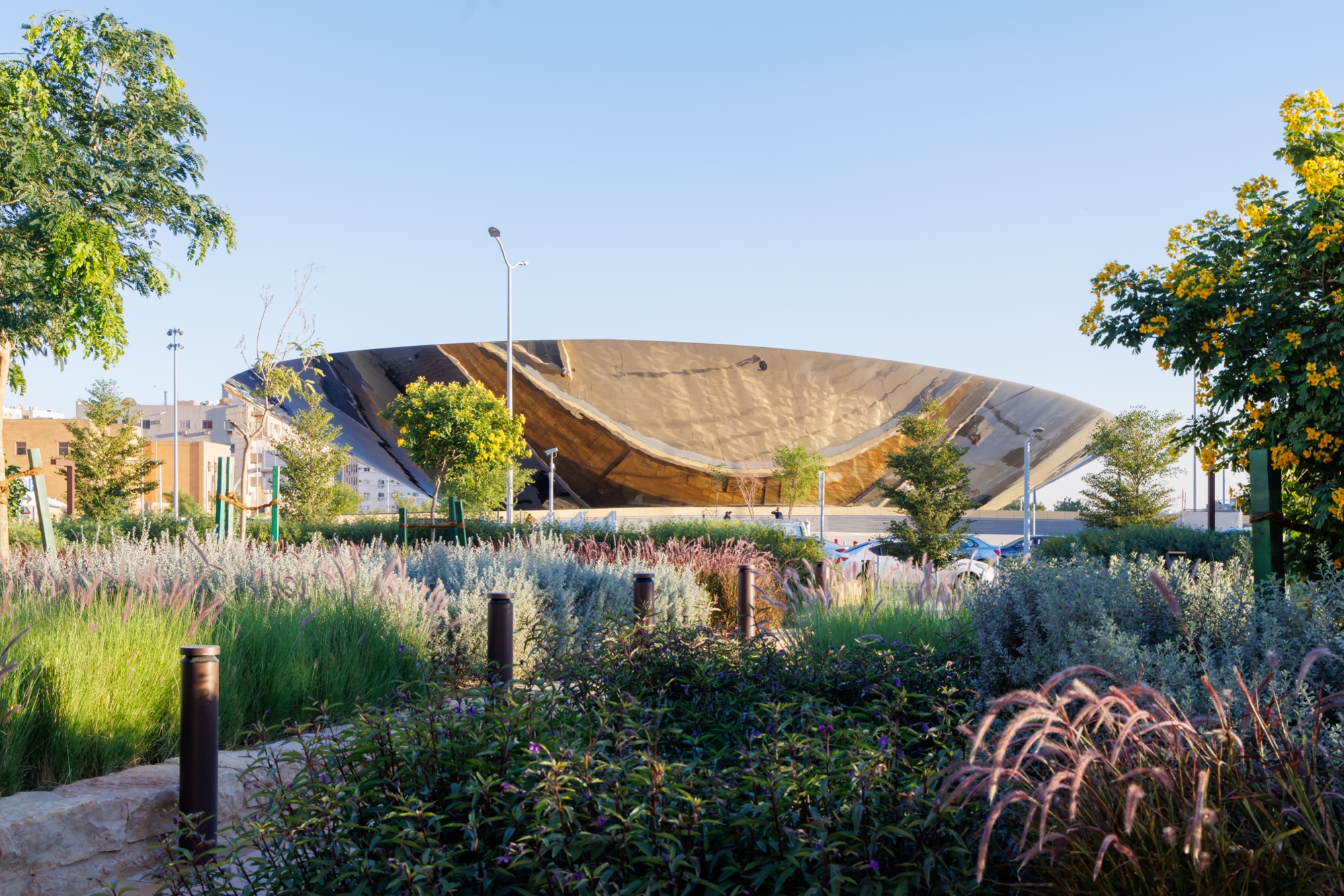 Qasr AlHokm metro station in Riyadh features reflective canopy and underground garden