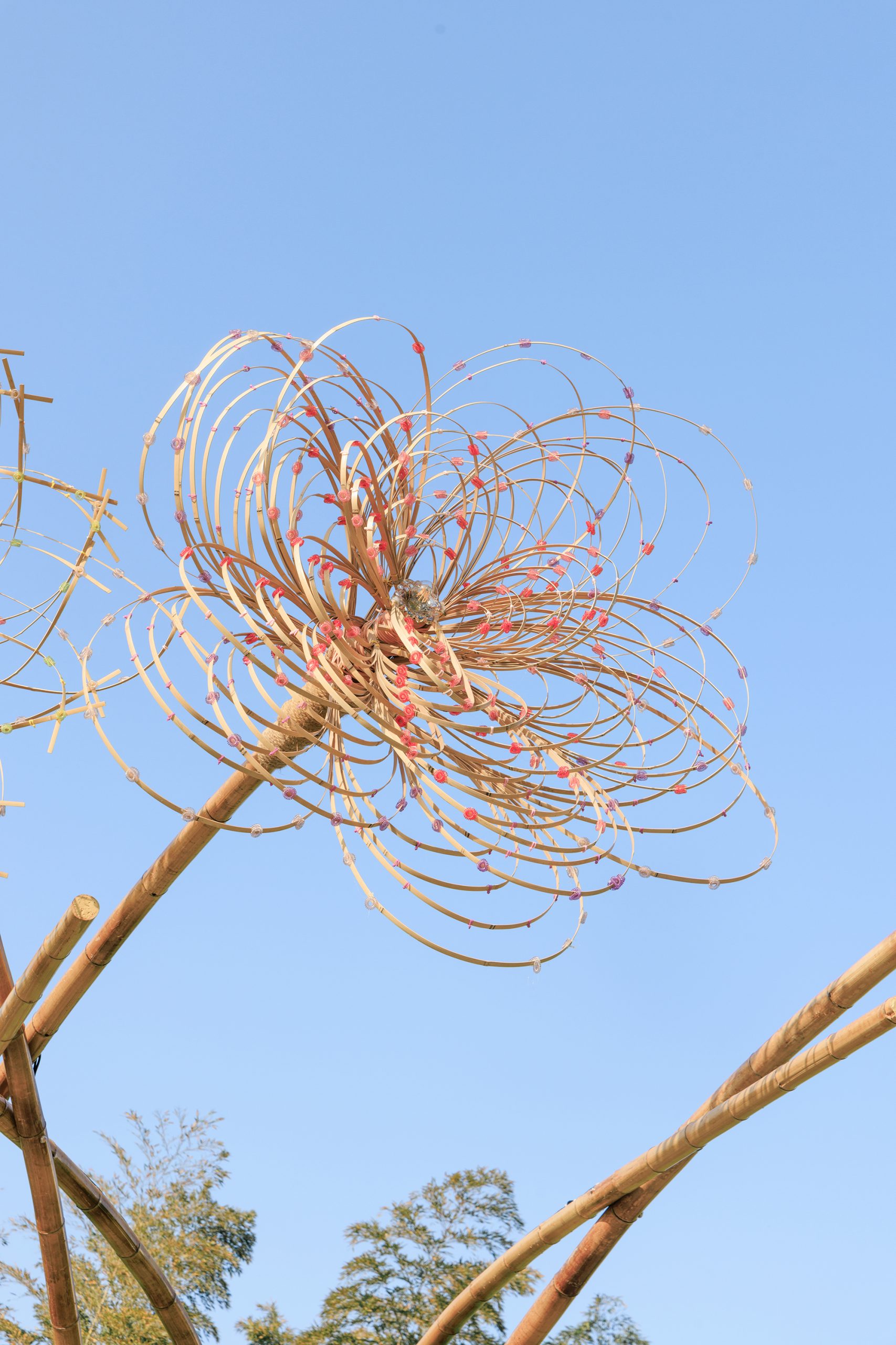 Woven bamboo flower suspended from Bent by Spring by HCCH Studio