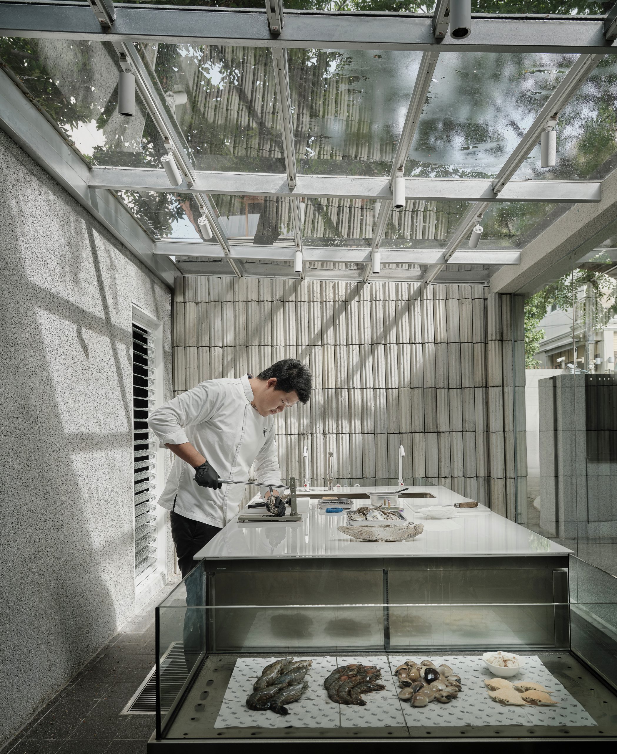 Concrete block facade at Scale Fish Butchery Bangkok