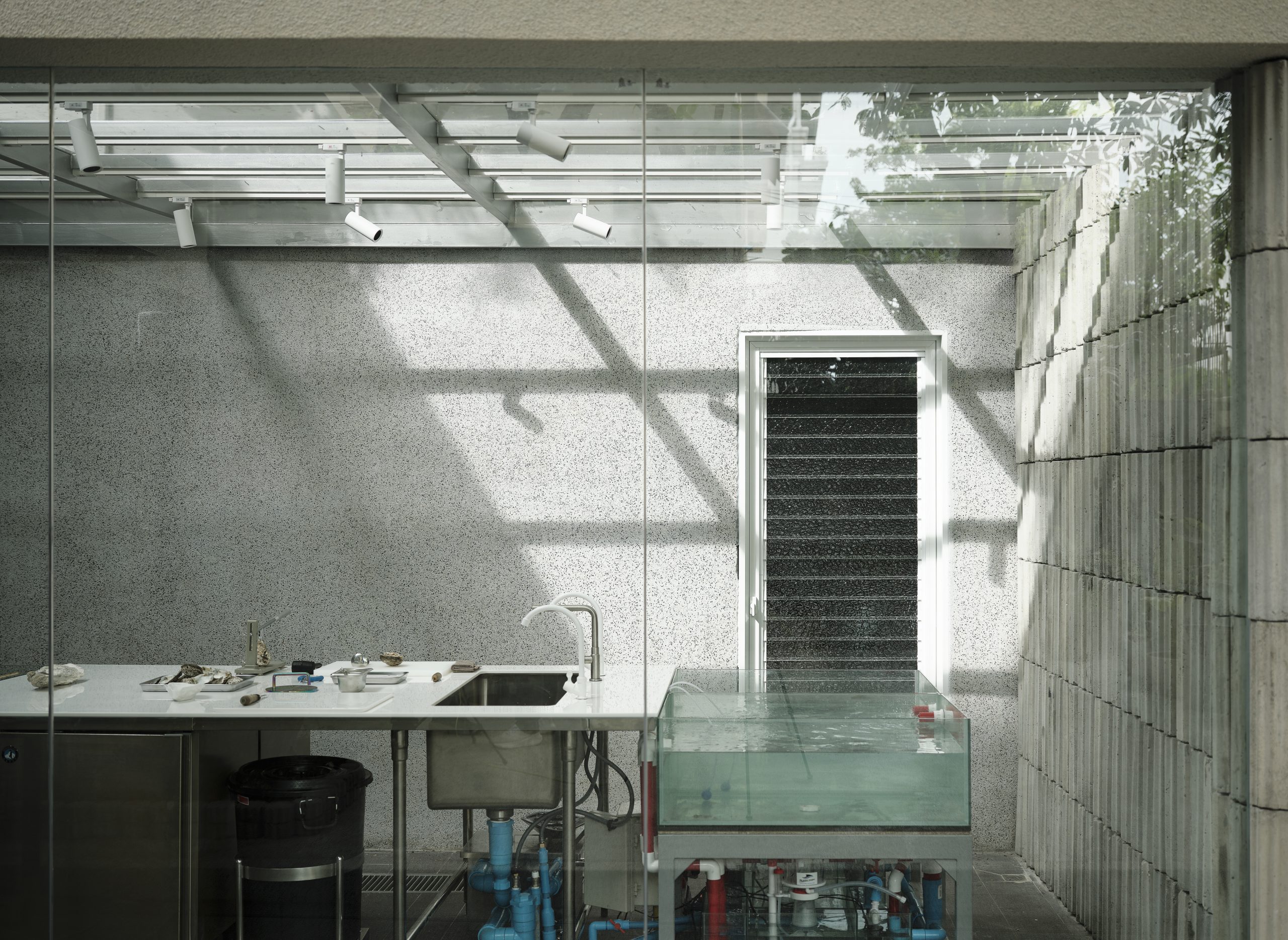 Concrete screen and dining area at Scale Fish Butchery
