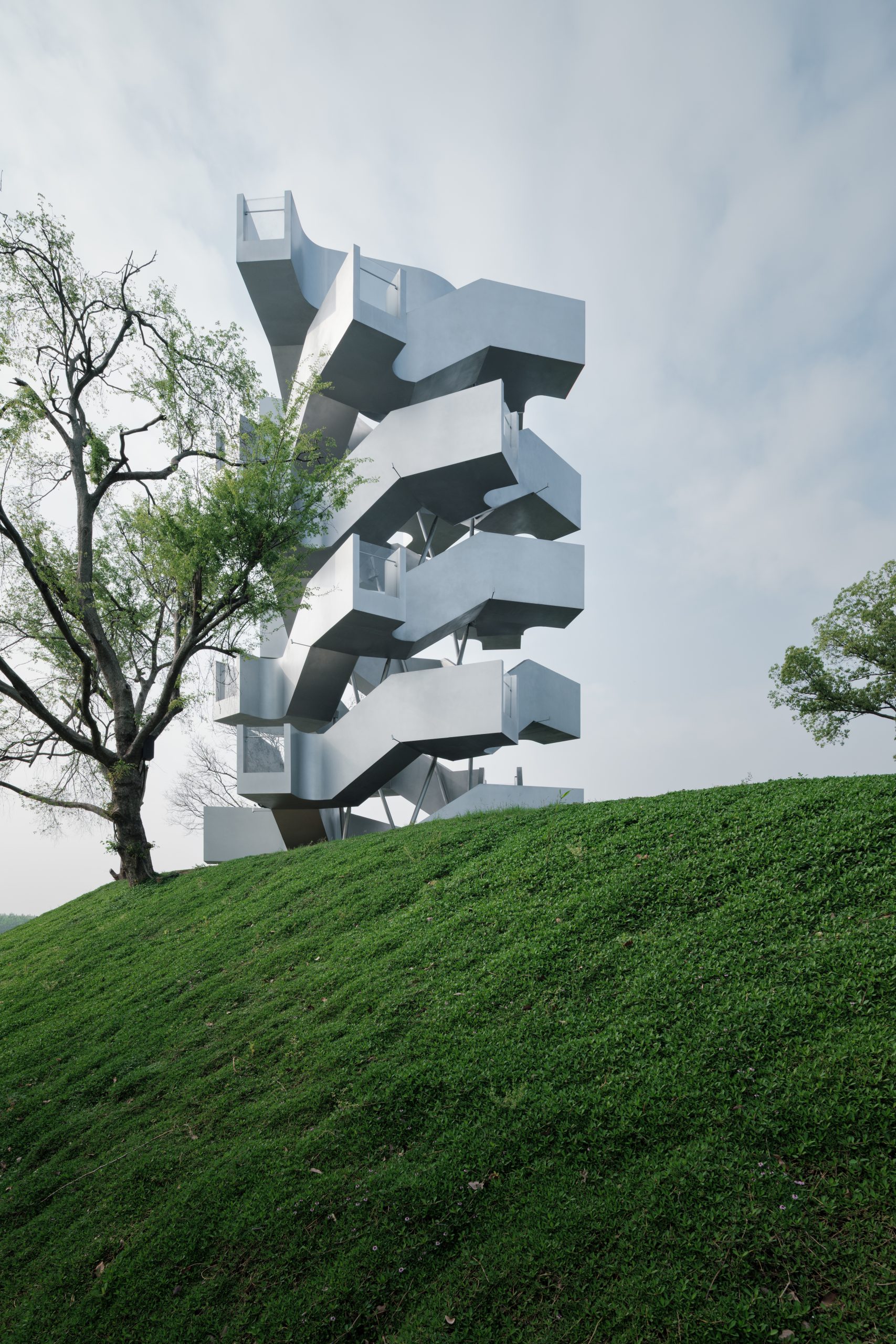 Xiang Architects observation tower viewed from Chenhu Wetland landscape