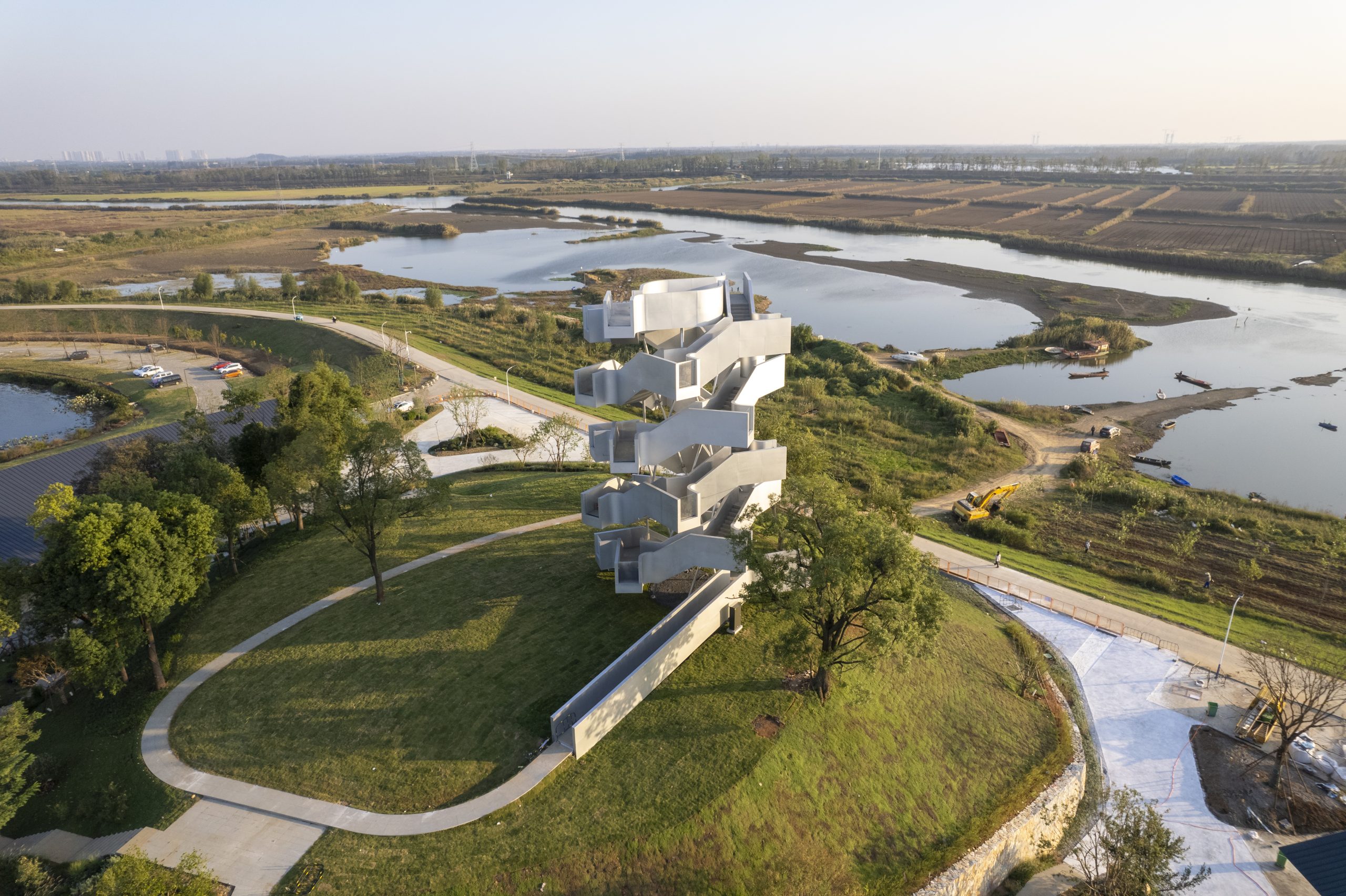 Aerial view of Chenhu Migratory Bird Observation Tower in the Wuhan wetland landscape