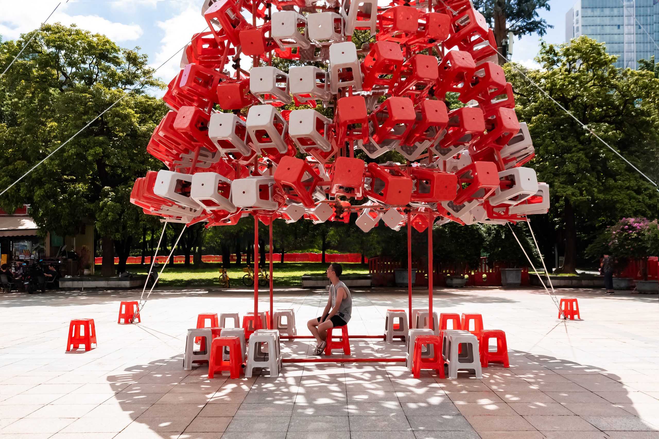 Plaza beneath the Stool Tower installation in Foshan
