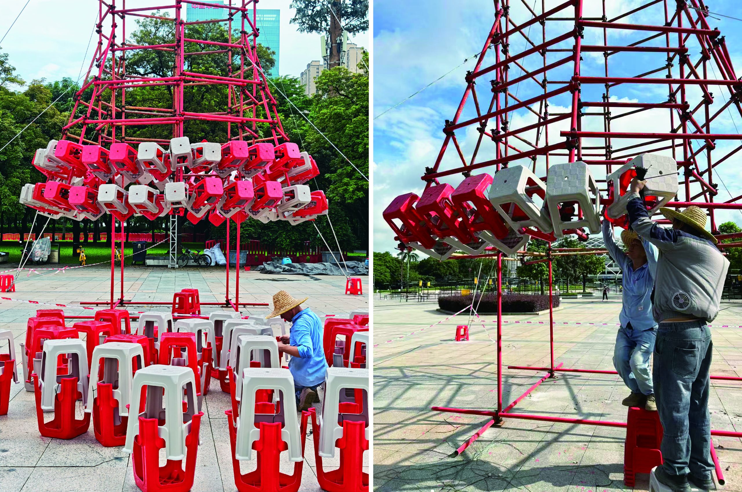 Handcrafted construction process of Stool Tower using steel scaffolding and plastic stools