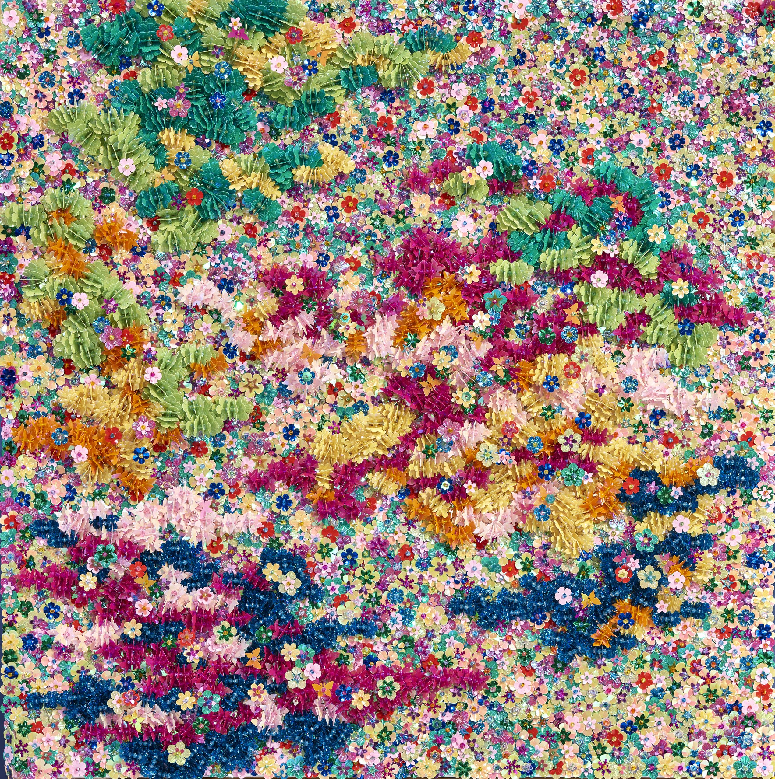 Many Contradictory Flowers, 2025, embellishment on canvas by Tia-Thuy Nguyen