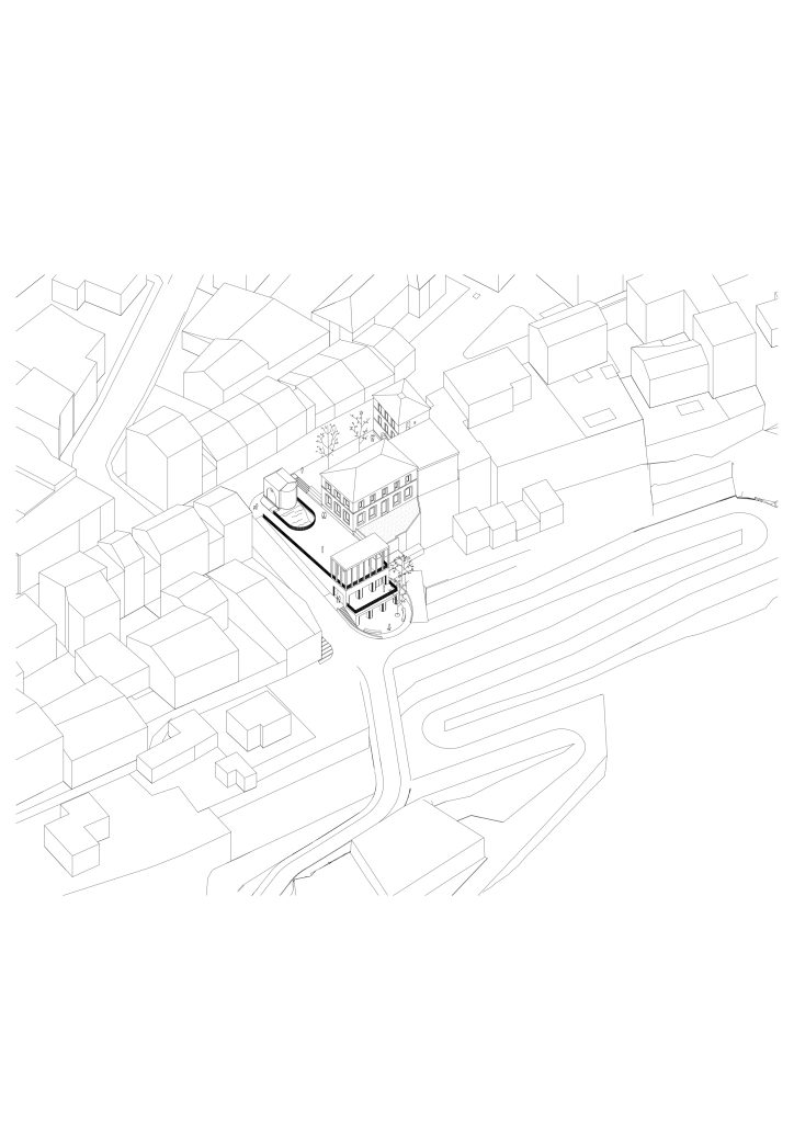 Axonometric drawing of the Biot Municipal Building Extension by Atelier EGR.