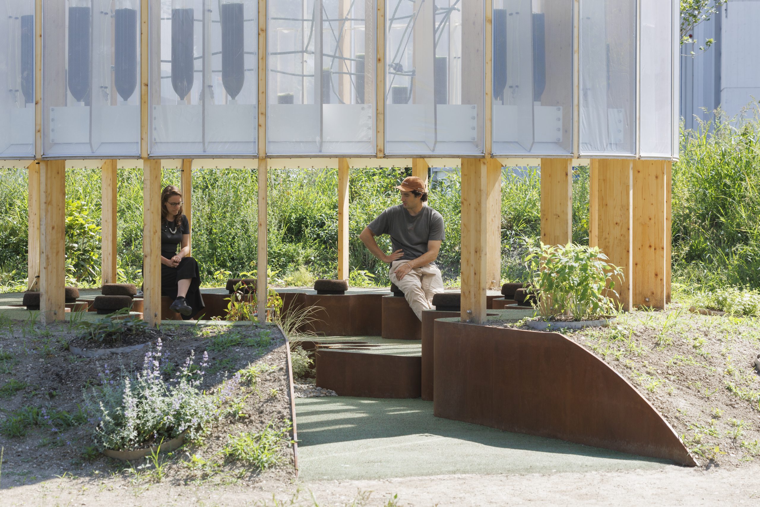 Timber and ETFE structure of AirBubble restorative space. Photo by Pepe Fotografia.
