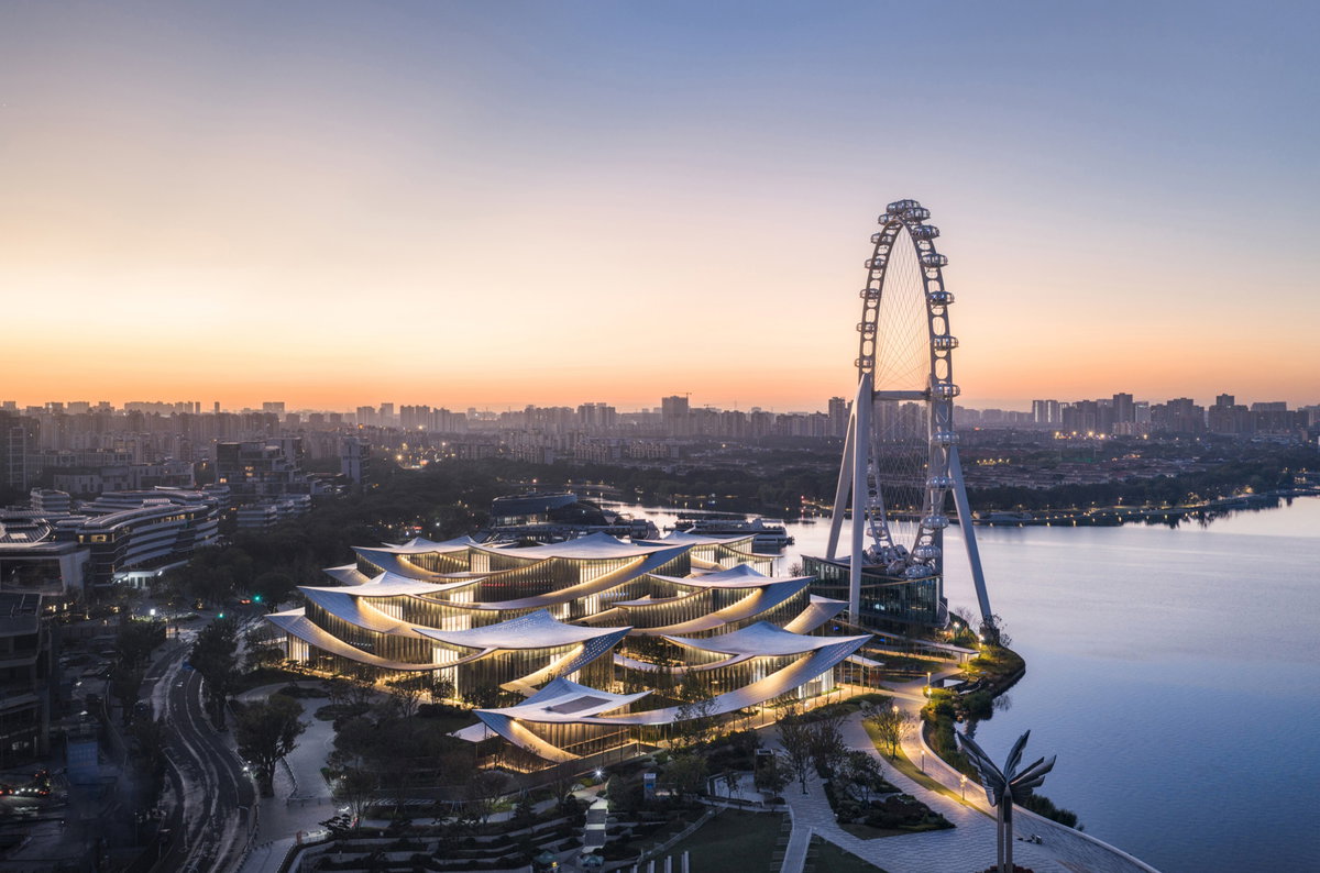 Aerial view of Suzhou Museum of Contemporary Art by BIG beside Jinji Lake