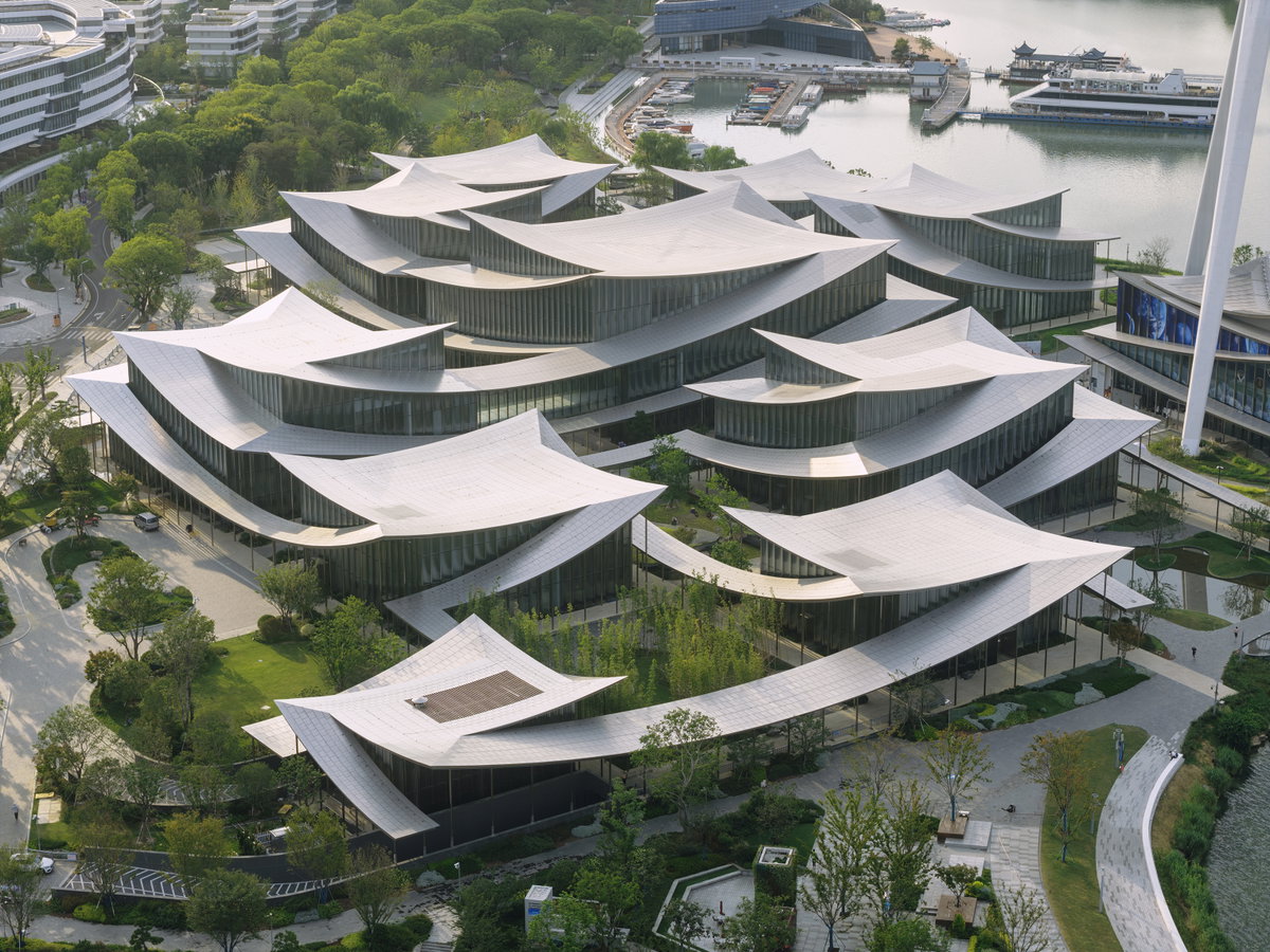 Aerial view of Suzhou Museum of Contemporary Art and Jinji Lake